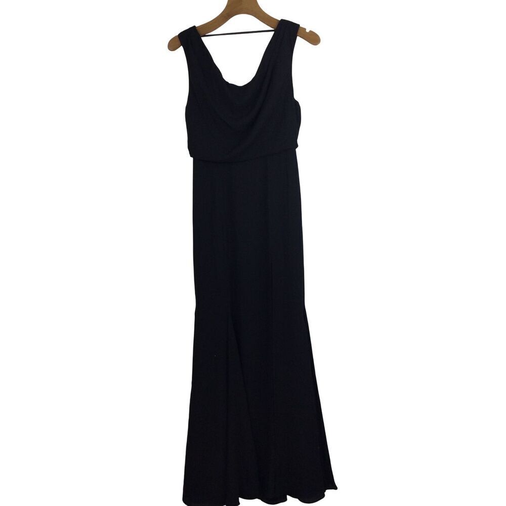 FAME & PARTNERS Drape Neck The Lopez Blouson Slit Gown Maxi Black Dress 4US